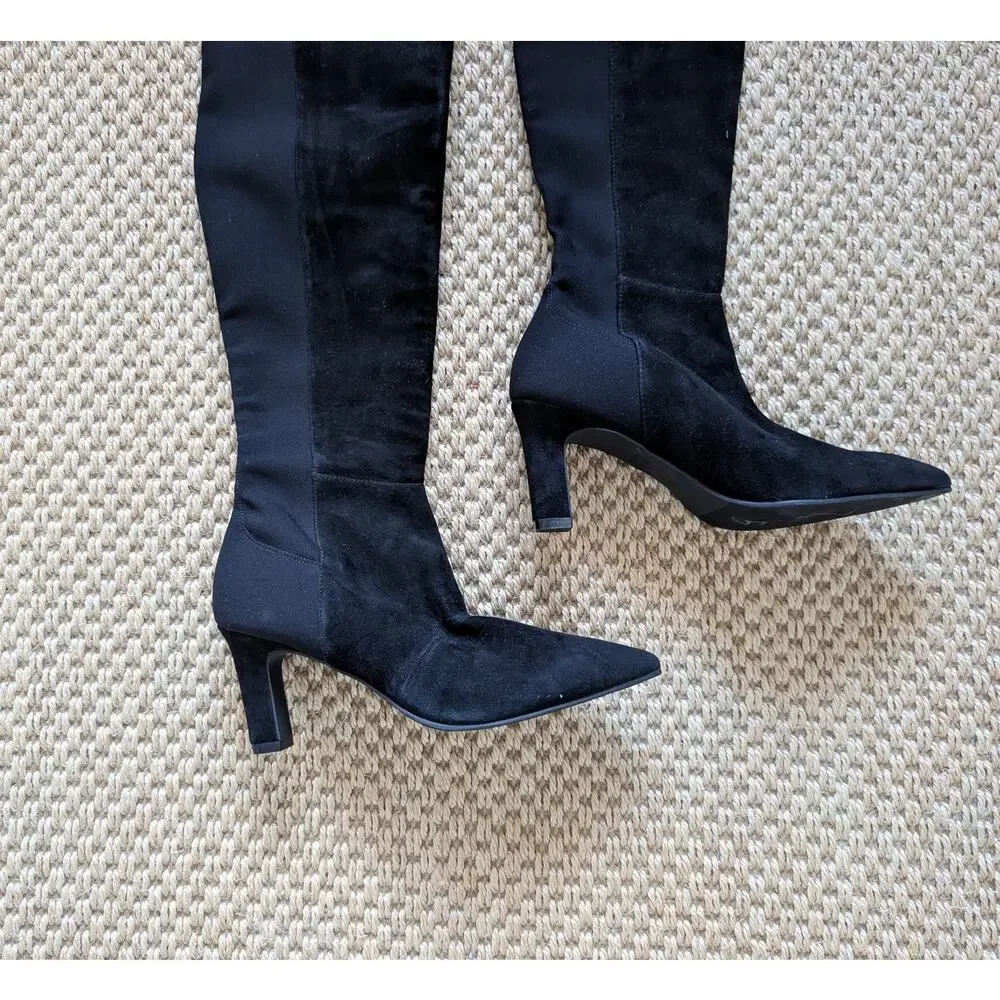 Stuart Weitzman Black Suede Stretch Over the Knee Boots Pointed Toe US 5 EU 35.5